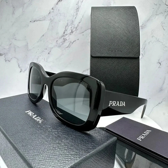 PRADA Sunglasses Black Oversized Square Acetate Letter Logo Italy Authentic - Picture 1 of 16